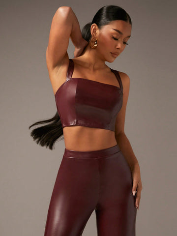 Solid PU Leather Cami Top & Pants