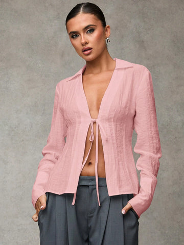 Solid Tie Front Long Sleeve Shirt, Versatile Daily/Work Wear, Front Tie Design, Long Sleeve Shirt,