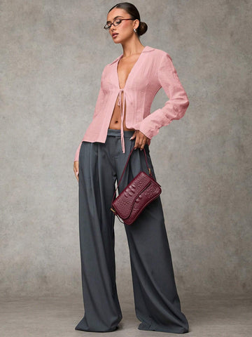 Solid Tie Front Long Sleeve Shirt, Versatile Daily/Work Wear, Front Tie Design, Long Sleeve Shirt,