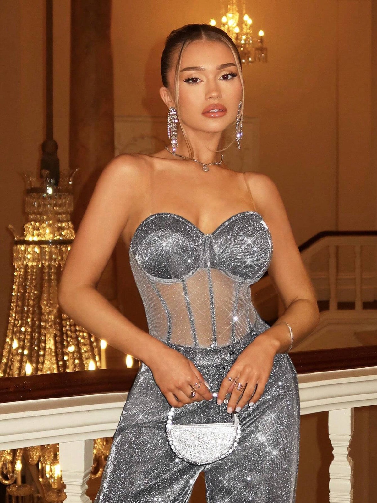 Sparkling Mesh Splicing Sexy See-Through Bust Cup Bodysuit For Spring/Summer Music Festivals And Parties