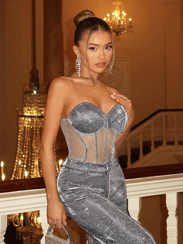 Sparkling Mesh Splicing Sexy See-Through Bust Cup Bodysuit For Spring/Summer Music Festivals And Parties