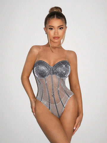 Sparkling Mesh Splicing Sexy See-Through Bust Cup Bodysuit For Spring/Summer Music Festivals And Parties