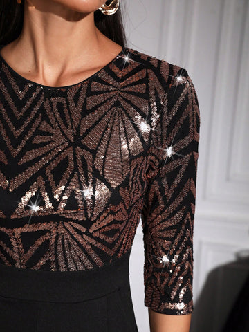 Sparkly Patchwork Open Back Hollow Out Jumpsuit