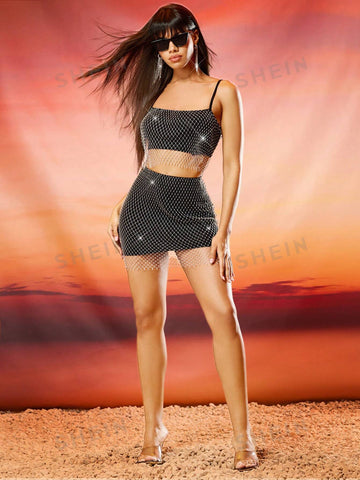 Sparkly Rhinestone Fishnet Cami Top And Skirt Outfit For Music Festival