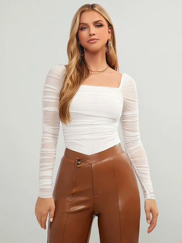 Square Neck Ruched Mesh Top