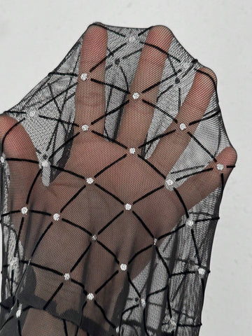 Stand Collar Long Sleeve Mesh Patchwork Short Casual Dress