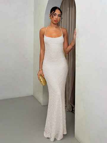 Summer Beach Vacation Solid Light Yellow Suspender Backless Maxi Dress, Suitable For Dail