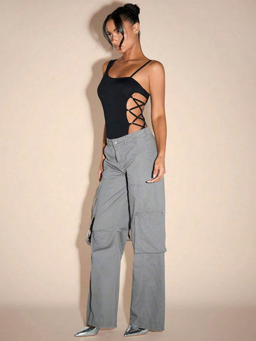 Summer Black Asymmetric Asymmetrical Neck Bodysuit With Hollow-Out Waist And Side Tie For Women, Sleeveless