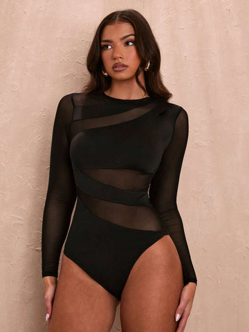 Summer Black Round Neck Sexy See-Through Hollow Out Women Mesh Splicing Asymmetrical Bodysuit