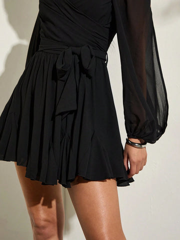 Summer Black Solid Color Beach Holiday Date Night Sexy Minimalist Cocktail Dress With Plunging