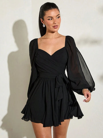 Summer Black Solid Color Beach Holiday Date Night Sexy Minimalist Cocktail Dress With Plunging