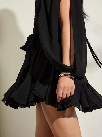 Summer Black Solid Color Beach Holiday Date Night Sexy Minimalist Cocktail Dress With Plunging