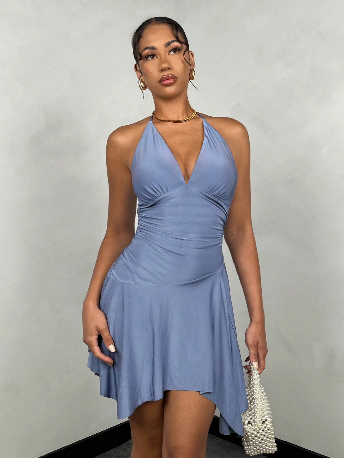 Summer Blue Vacation Sexy Halter Deep Sweetheart Neck Asymmetric Mini Dress For Women,