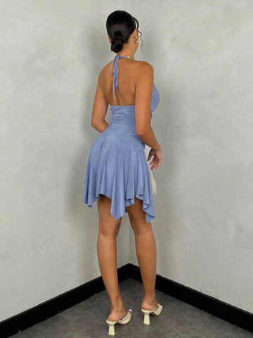 Summer Blue Vacation Sexy Halter Deep Sweetheart Neck Asymmetric Mini Dress For Women,