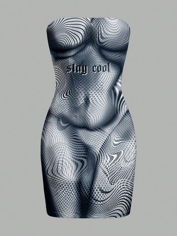 Summer Casual Sexy Bodycon Strapless Dress With Water Ripple & Letter Print