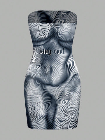 Summer Casual Sexy Bodycon Strapless Dress With Water Ripple & Letter Print
