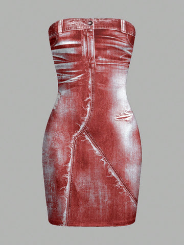 Summer Casual Strapless Slim Fit Denim Printed Street Style Bodycon Dress