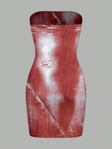 Summer Casual Strapless Slim Fit Denim Printed Street Style Bodycon Dress