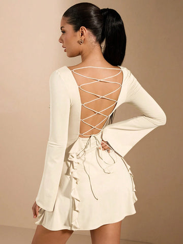 Summer Dress & Mini Dress & Yellow Dress & Backless & Back Tie & Long Sleeve Dress & Daily Dating