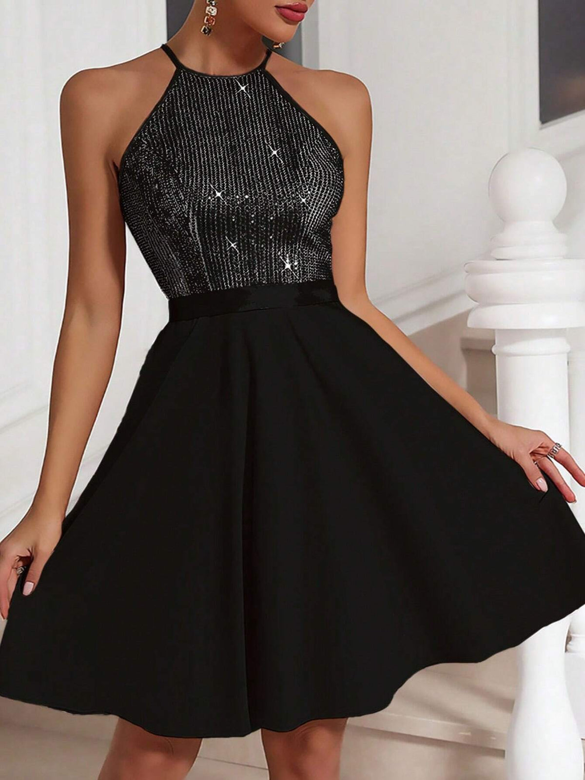 Summer Elegant Beaded Patchwork Halter Neck Maxi Dress