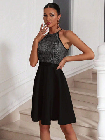 Summer Elegant Beaded Patchwork Halter Neck Maxi Dress