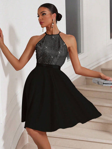 Summer Elegant Beaded Patchwork Halter Neck Maxi Dress