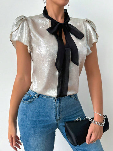 BAE Summer Fashion Glossy Contrast Color Collar Tie-Front Petal Sleeve Shirt