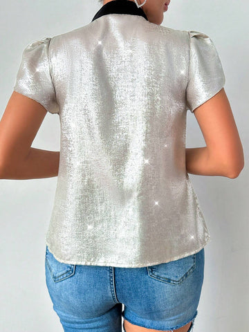 BAE Summer Fashion Glossy Contrast Color Collar Tie-Front Petal Sleeve Shirt