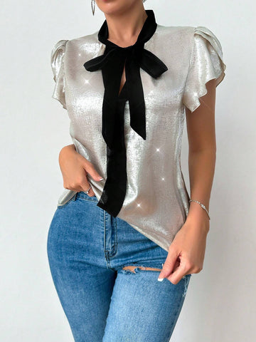 BAE Summer Fashion Glossy Contrast Color Collar Tie-Front Petal Sleeve Shirt