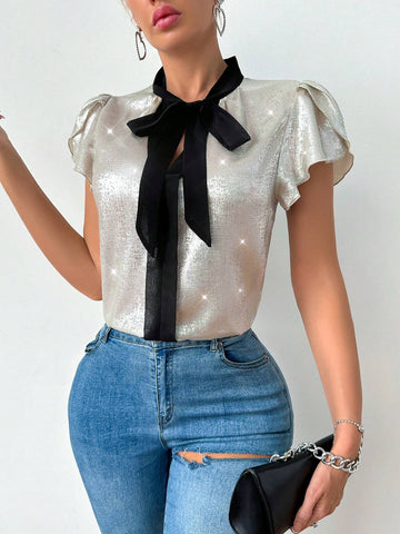 BAE Summer Fashion Glossy Contrast Color Collar Tie-Front Petal Sleeve Shirt