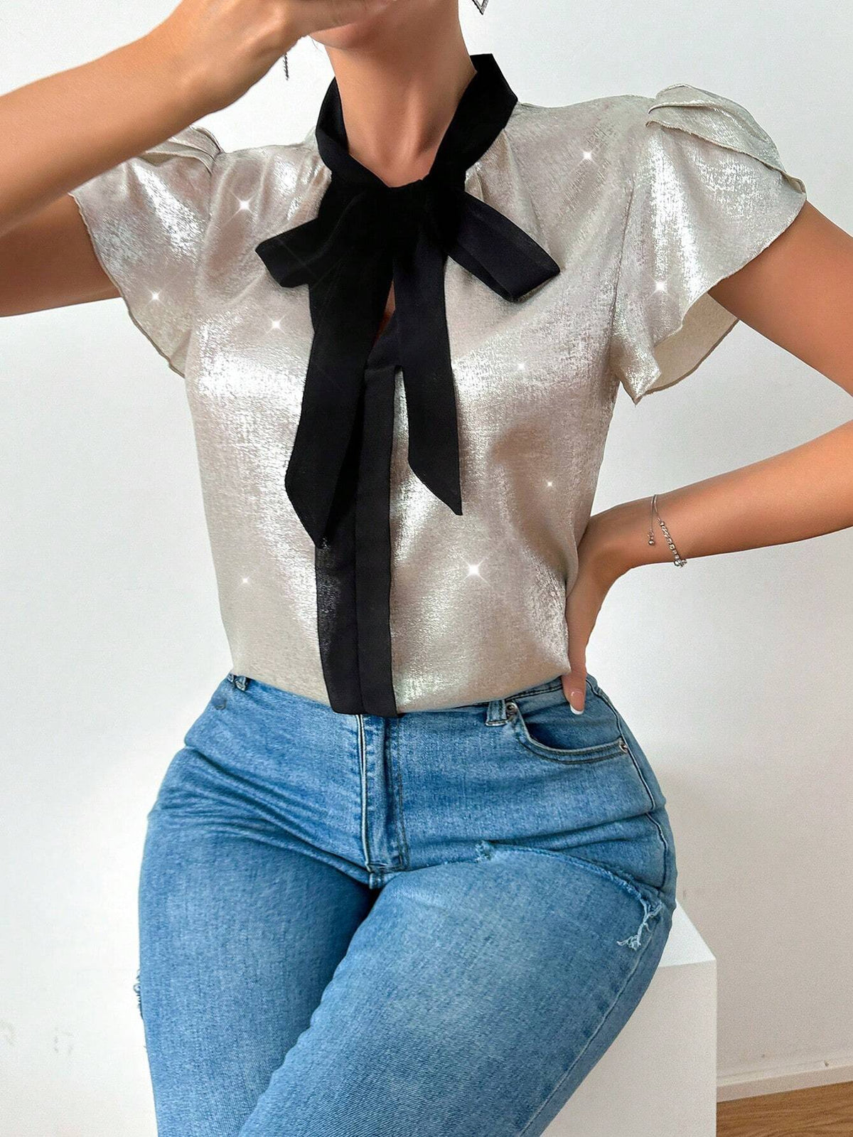 BAE Summer Fashion Glossy Contrast Color Collar Tie-Front Petal Sleeve Shirt