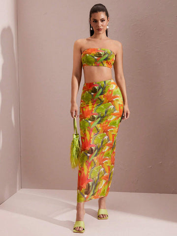 Summer Floral Print 2pcs Set & Sexy Strapless Colorblock Leaf Print Crop Top And Long Skirt Set For Women