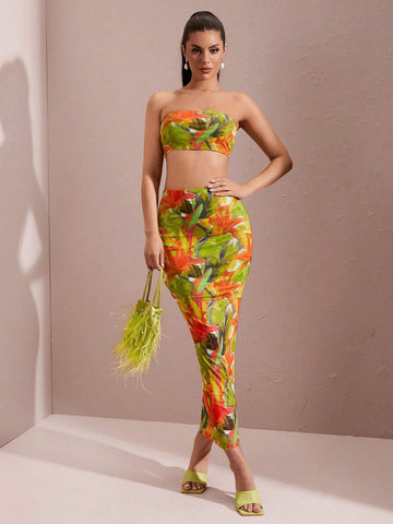 Summer Floral Print 2pcs Set & Sexy Strapless Colorblock Leaf Print Crop Top And Long Skirt Set For Women