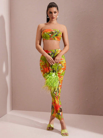 Summer Floral Print 2pcs Set & Sexy Strapless Colorblock Leaf Print Crop Top And Long Skirt Set For Women