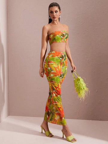 Summer Floral Print 2pcs Set & Sexy Strapless Colorblock Leaf Print Crop Top And Long Skirt Set For Women