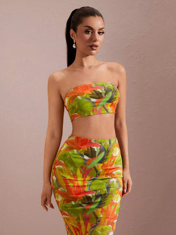 Summer Floral Print 2pcs Set & Sexy Strapless Colorblock Leaf Print Crop Top And Long Skirt Set For Women