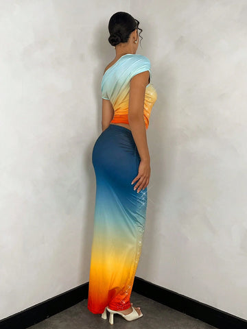 BAE Summer Gradient Elegant Rhinestone Adorned Women's Bodycon Skirt, Low-Waist Long Skirt