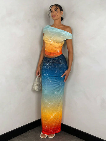 BAE Summer Gradient Elegant Rhinestone Adorned Women's Bodycon Skirt, Low-Waist Long Skirt