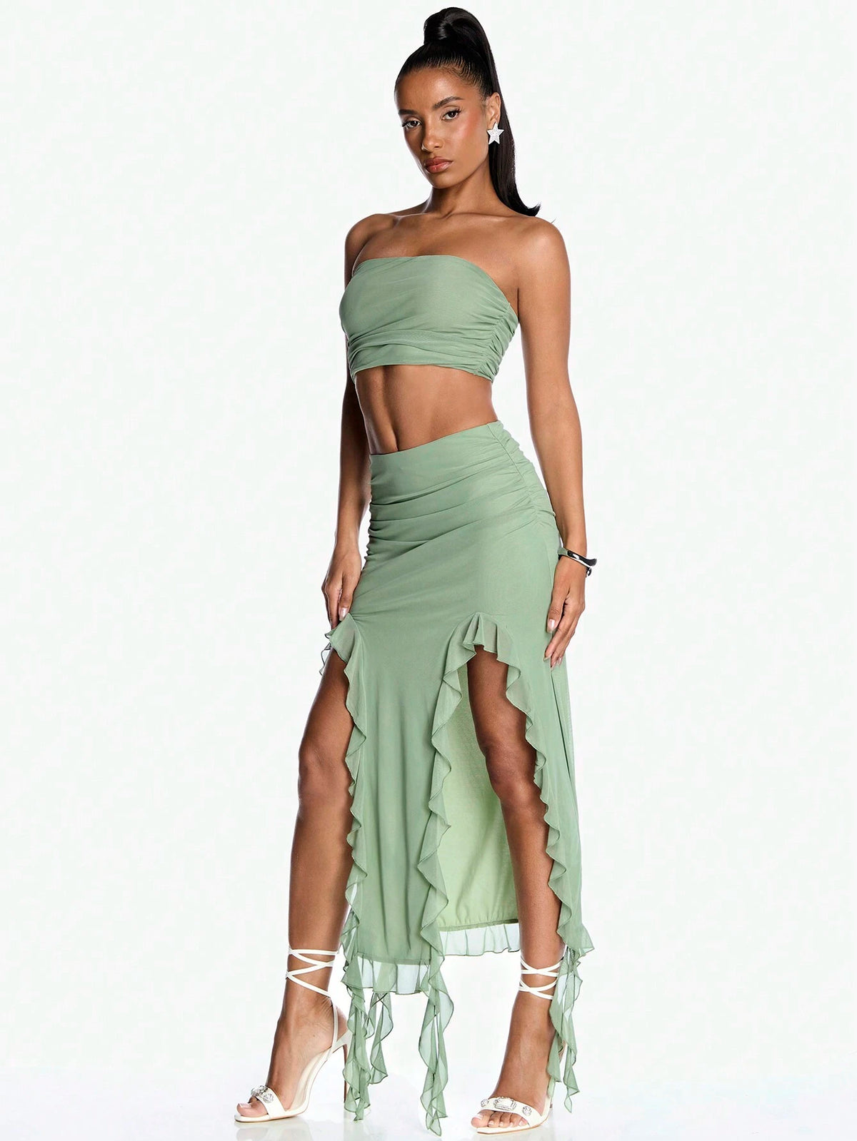 Summer Romantic Date Ruffle Hem Bodycon And Bandeau Top Women's Two Piece Sets-Grad Clothes