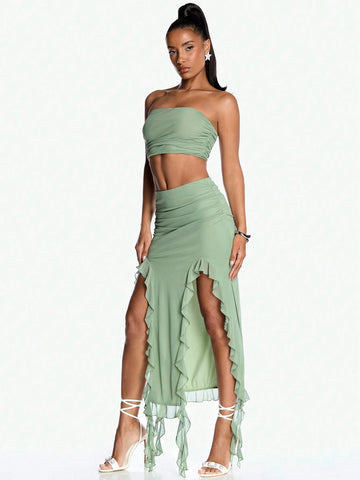 Summer Romantic Date Ruffle Hem Bodycon And Bandeau Top Women's Two Piece Sets-Grad Clothes