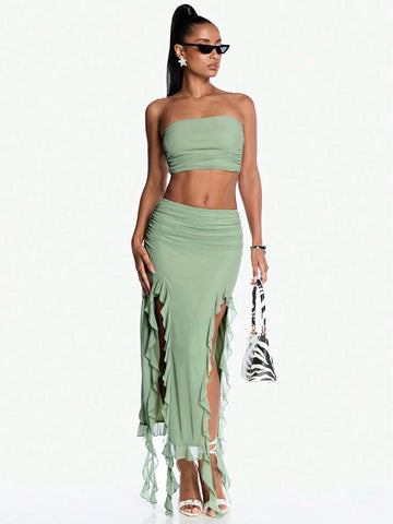 Summer Romantic Date Ruffle Hem Bodycon And Bandeau Top Women's Two Piece Sets-Grad Clothes