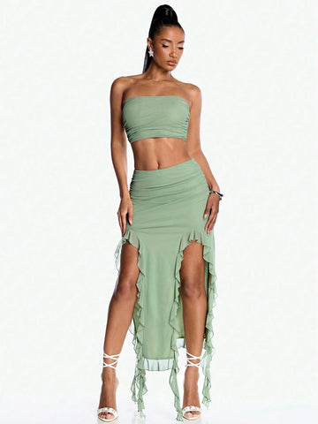Summer Romantic Date Ruffle Hem Bodycon And Bandeau Top Women's Two Piece Sets-Grad Clothes