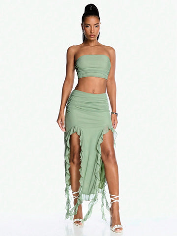 Summer Romantic Date Ruffle Hem Bodycon And Bandeau Top Women's Two Piece Sets-Grad Clothes