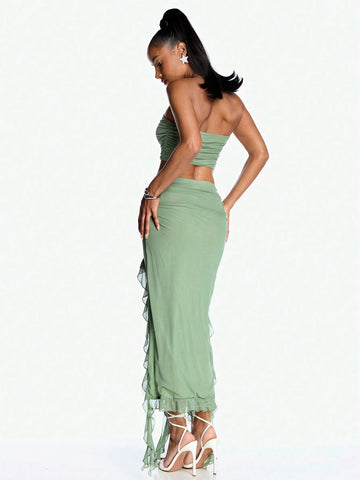 Summer Romantic Date Ruffle Hem Bodycon And Bandeau Top Women's Two Piece Sets-Grad Clothes