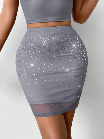BAE Summer Sexy Transparent Sparkling Rhinestone Mesh Slim Skirt