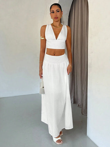 Summer Solid Color Graduation White Dress, V-Neck Sleeveless Top And Long White Skirt, Suitable For Wedding Guests, Summer