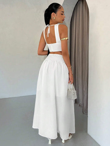 Summer Solid Color Graduation White Dress, V-Neck Sleeveless Top And Long White Skirt, Suitable For Wedding Guests, Summer