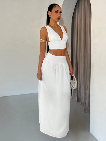 Summer Solid Color Graduation White Dress, V-Neck Sleeveless Top And Long White Skirt, Suitable For Wedding Guests, Summer