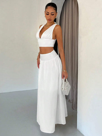 Summer Solid Color Graduation White Dress, V-Neck Sleeveless Top And Long White Skirt, Suitable For Wedding Guests, Summer