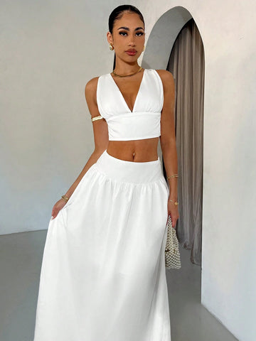 Summer Solid Color Graduation White Dress, V-Neck Sleeveless Top And Long White Skirt, Suitable For Wedding Guests, Summer